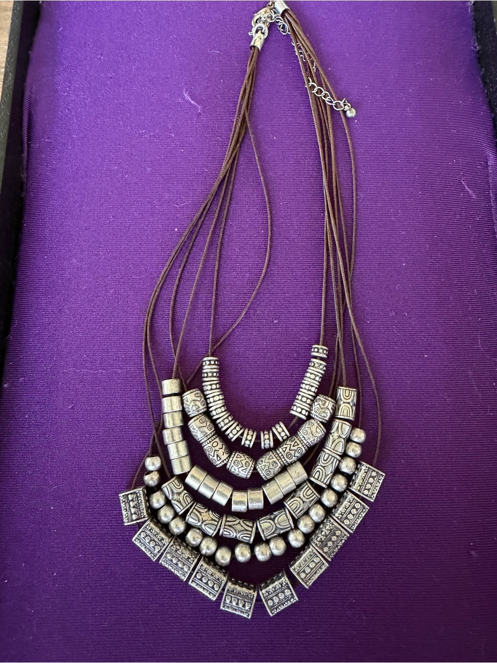 Boho Multi-Strand Brown Cord Necklace with Silver-Tone Beads
